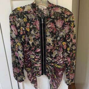 Phillip Lim Silk Sheer Bomber Jacket - Black with Pink & Yellow Floral Print
